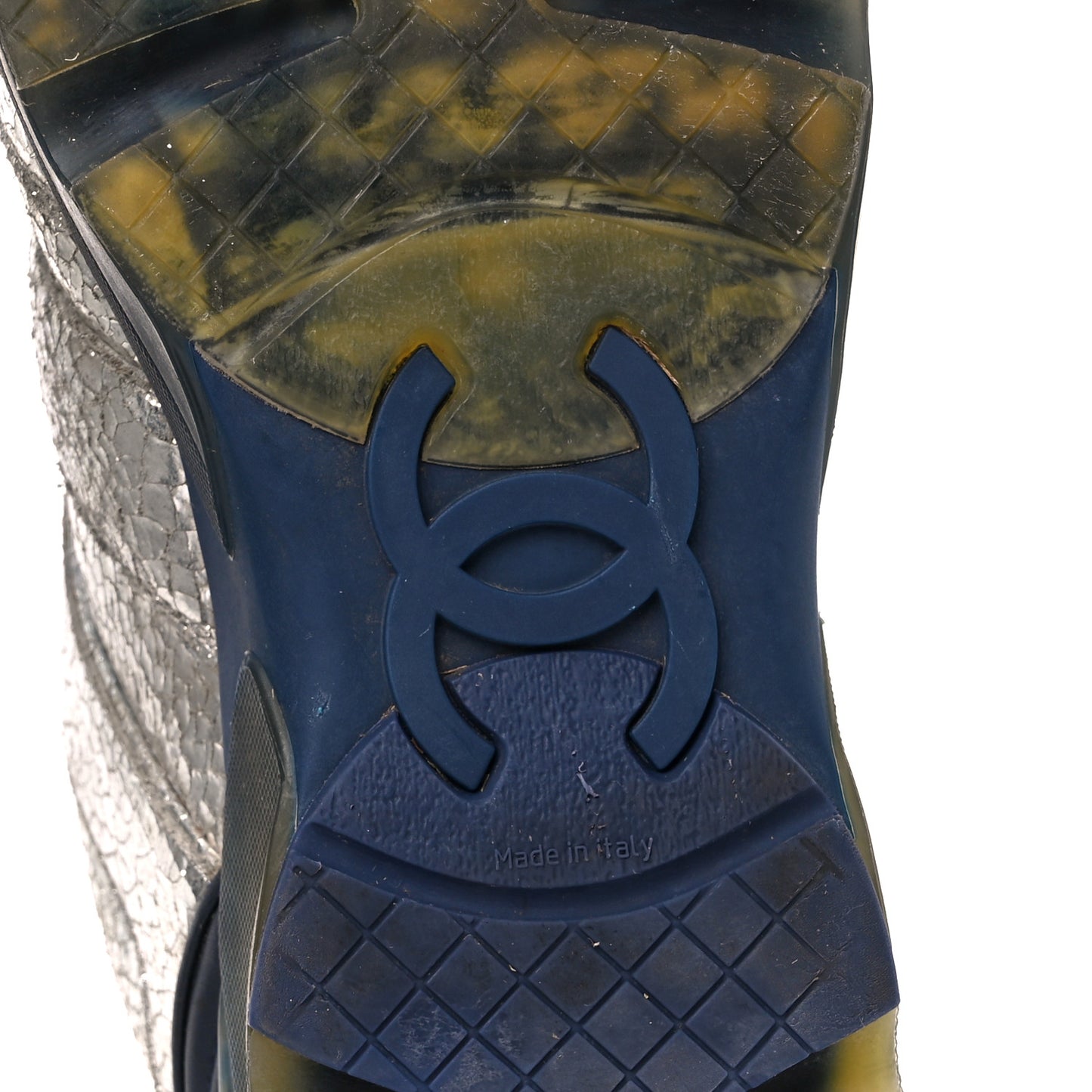 Metallic Crackled Calfskin CC Sneakers 38.5 Silver Black Navy
