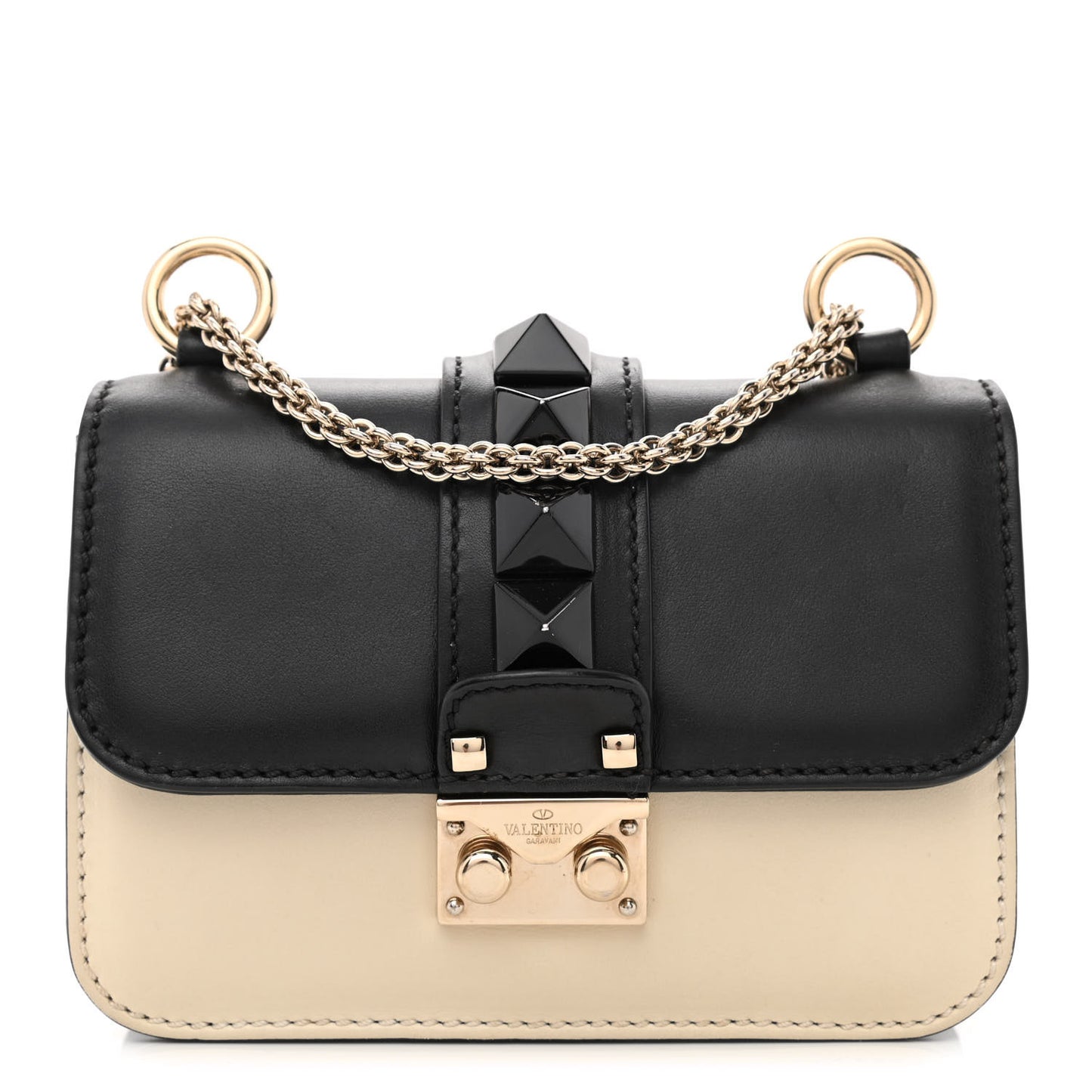Vitello Mini Glam Lock Rockstud Flap Black Light Ivory