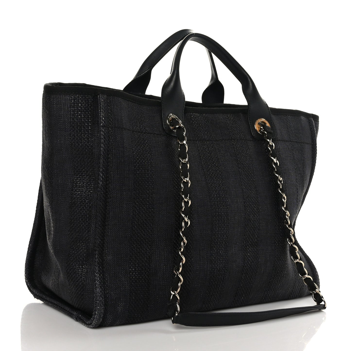 Mixed Fibers Calfskin Striped Medium Deauville Tote Black
