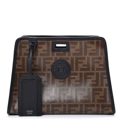 Fendi Glazed Fabric Vitello Century FF 1974 Stamp Patch Mini Peekaboo Defender Cover Mogano Panna Black 1 of 7