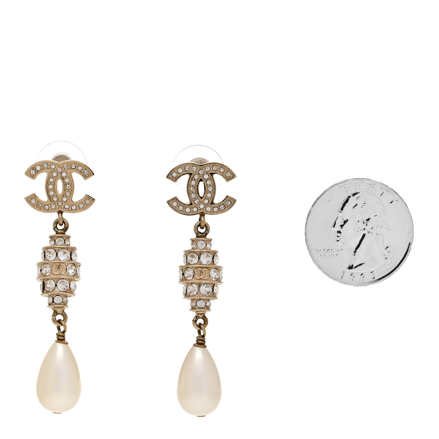 Chanel Crystal Pearl CC Drop Earrings Gold 2 of 5
