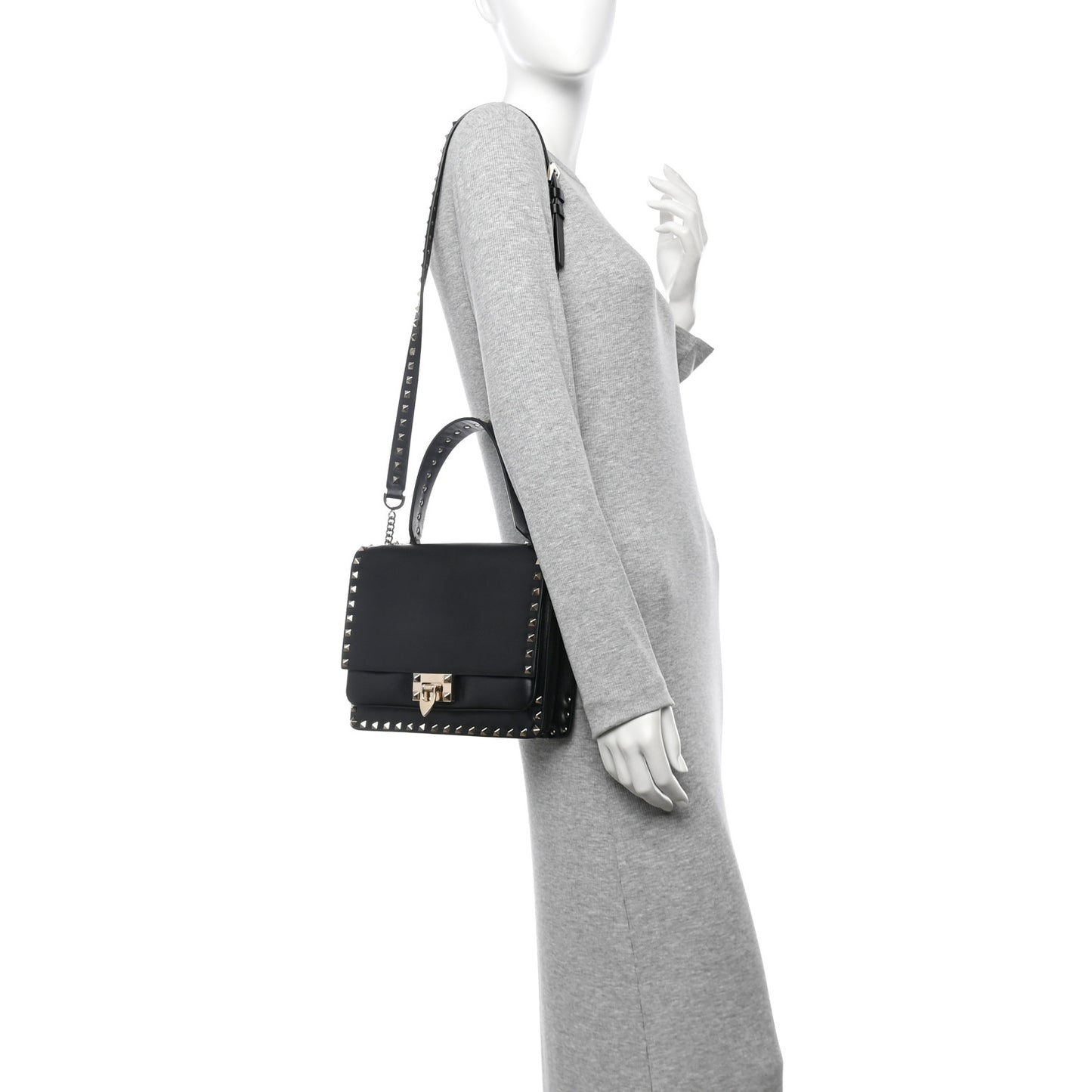 Vitello Rockstud Top Handle Shoulder Bag Black