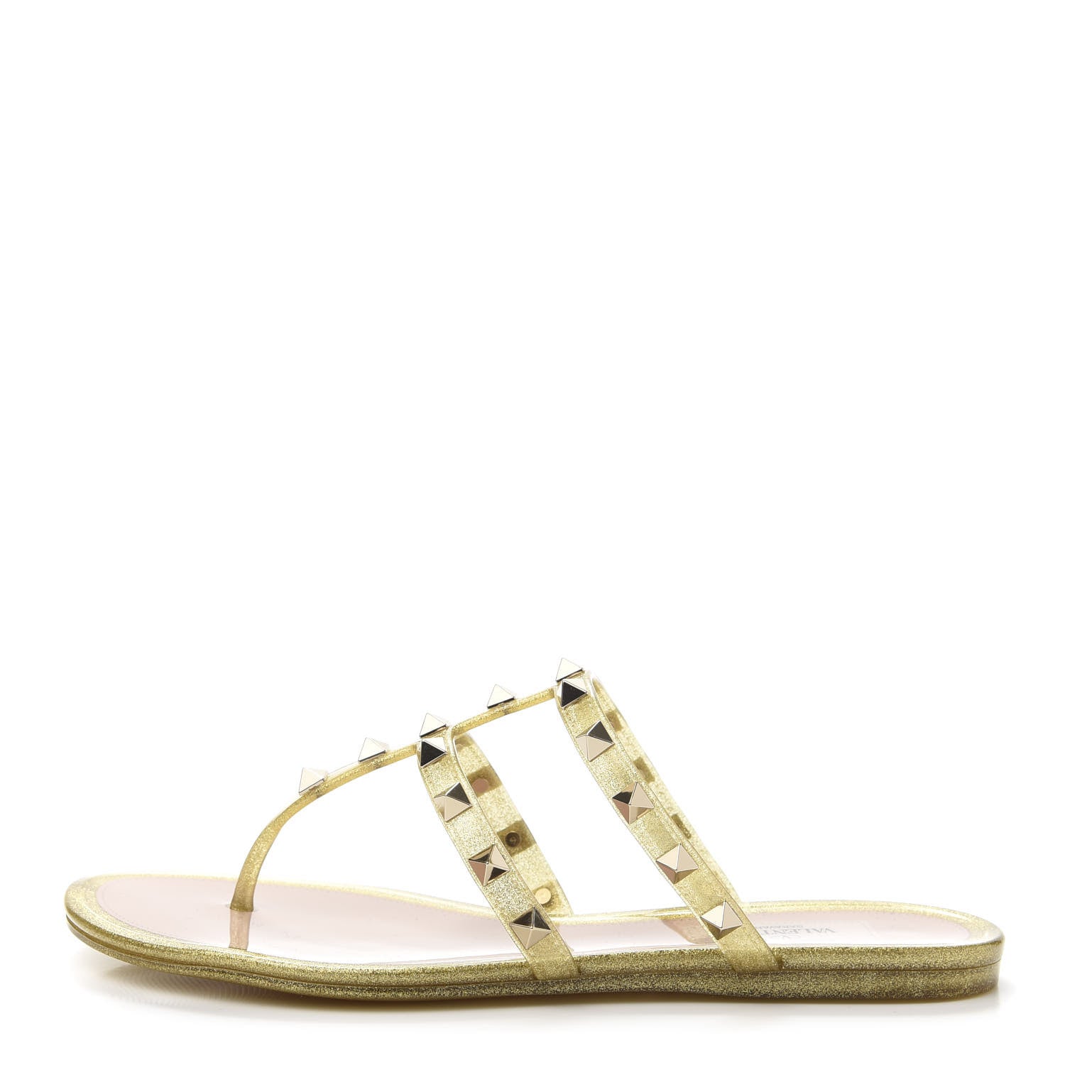 Valentino Garavani PVC Jelly Glitter Rockstud Caged Flat Thong Sandals 36 Oro 1 of 8