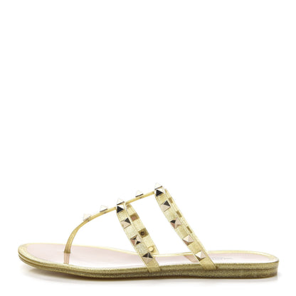 Valentino Garavani PVC Jelly Glitter Rockstud Caged Flat Thong Sandals 36 Oro 1 of 8