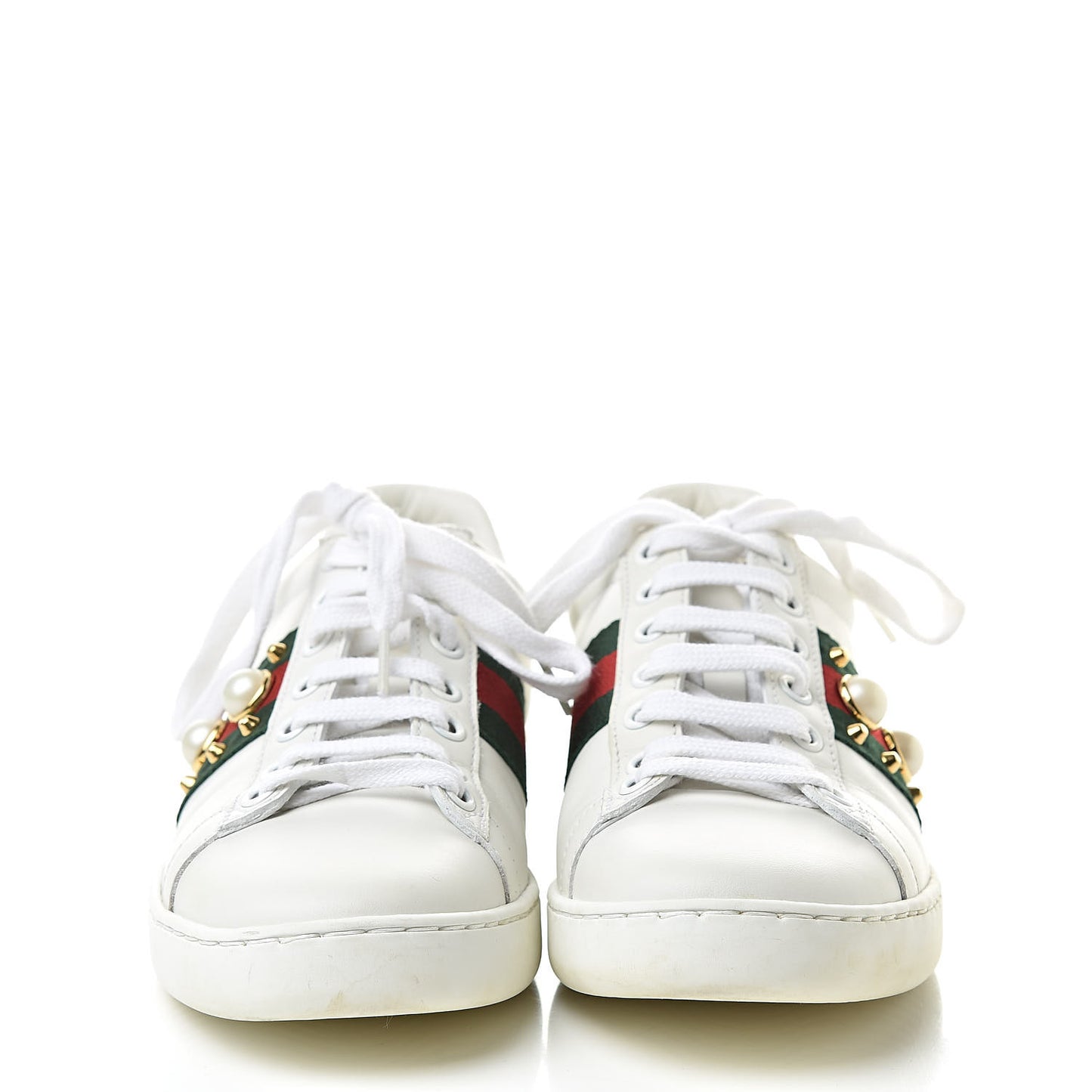 Calfskin Web Pearl Studded Womens Ace Sneakers 35 White