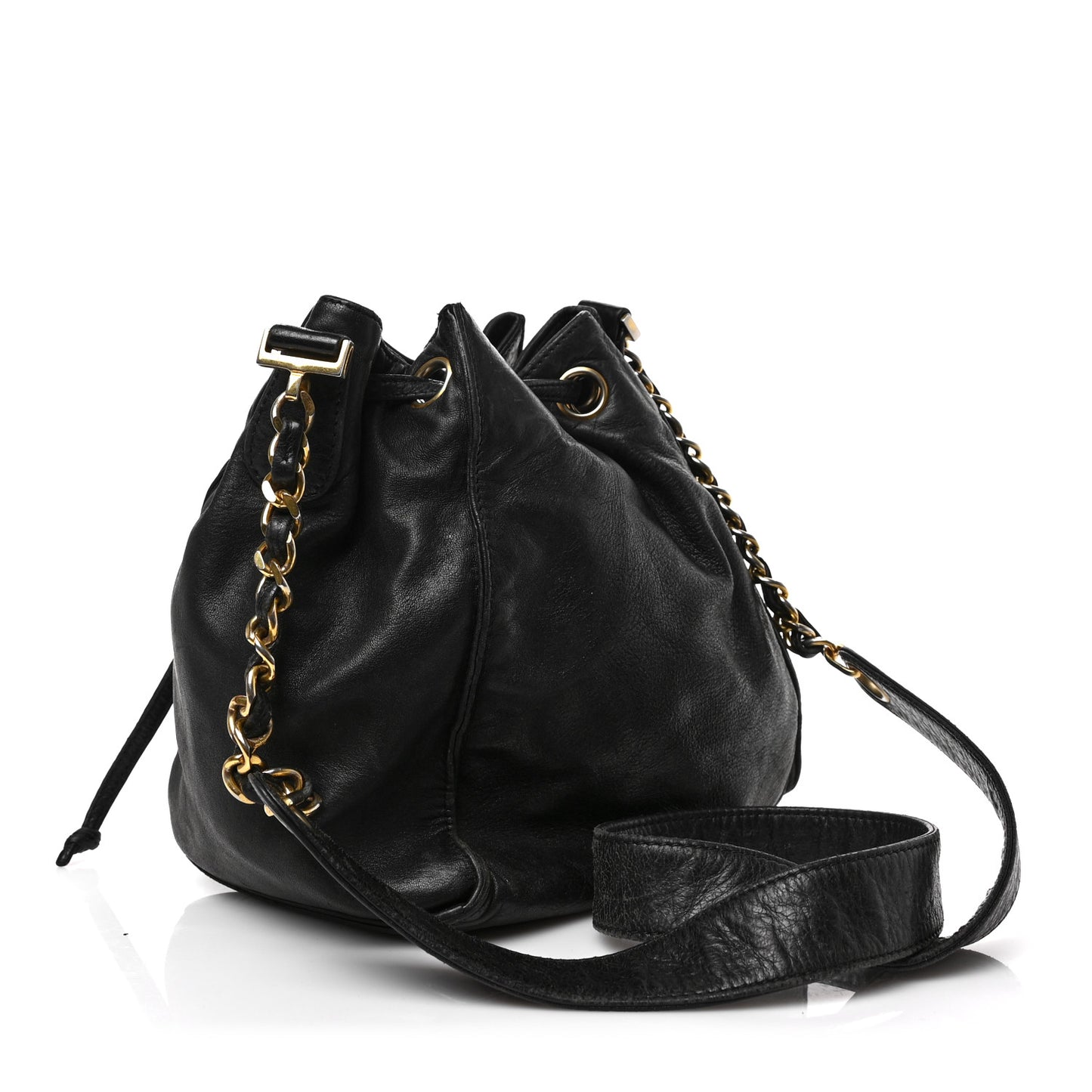 Lambskin CC Stitched Drawstring Bucket Bag Black