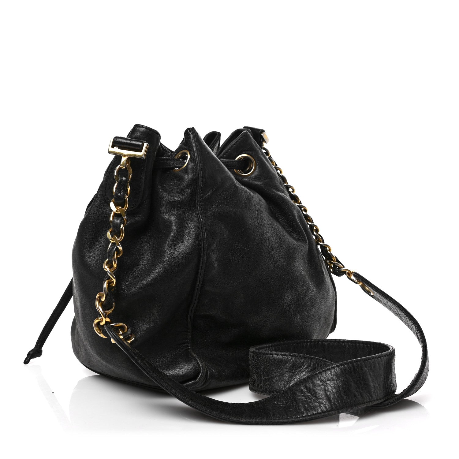 Chanel Lambskin CC Stitched Drawstring Bucket Bag Black 4 of 9