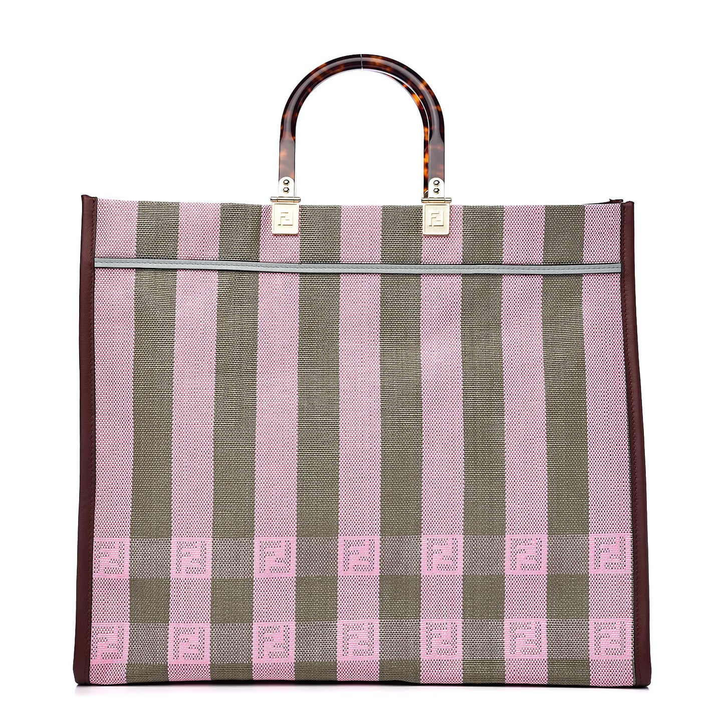 Raffia Vitello Seta Plexiglass Pequin Gingham Woven Large Fendi Sunshine Shopper Tote Military Rosa