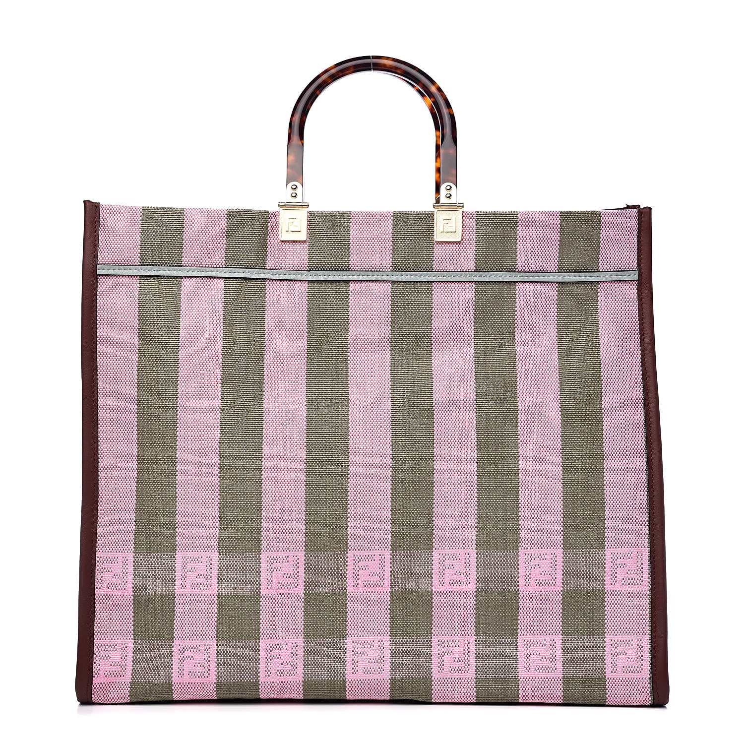 Fendi Raffia Vitello Seta Plexiglass Pequin Gingham Woven Large Fendi Sunshine Shopper Tote Military Rosa 1 of 11