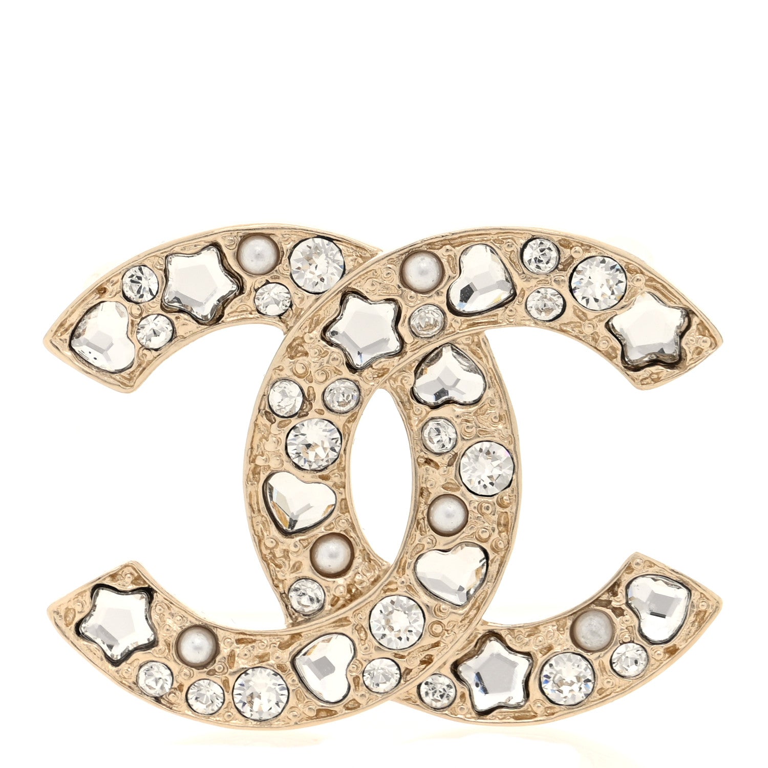 Chanel Metal Crystal Hearts Stars Pearl CC Brooch Gold 1 of 4