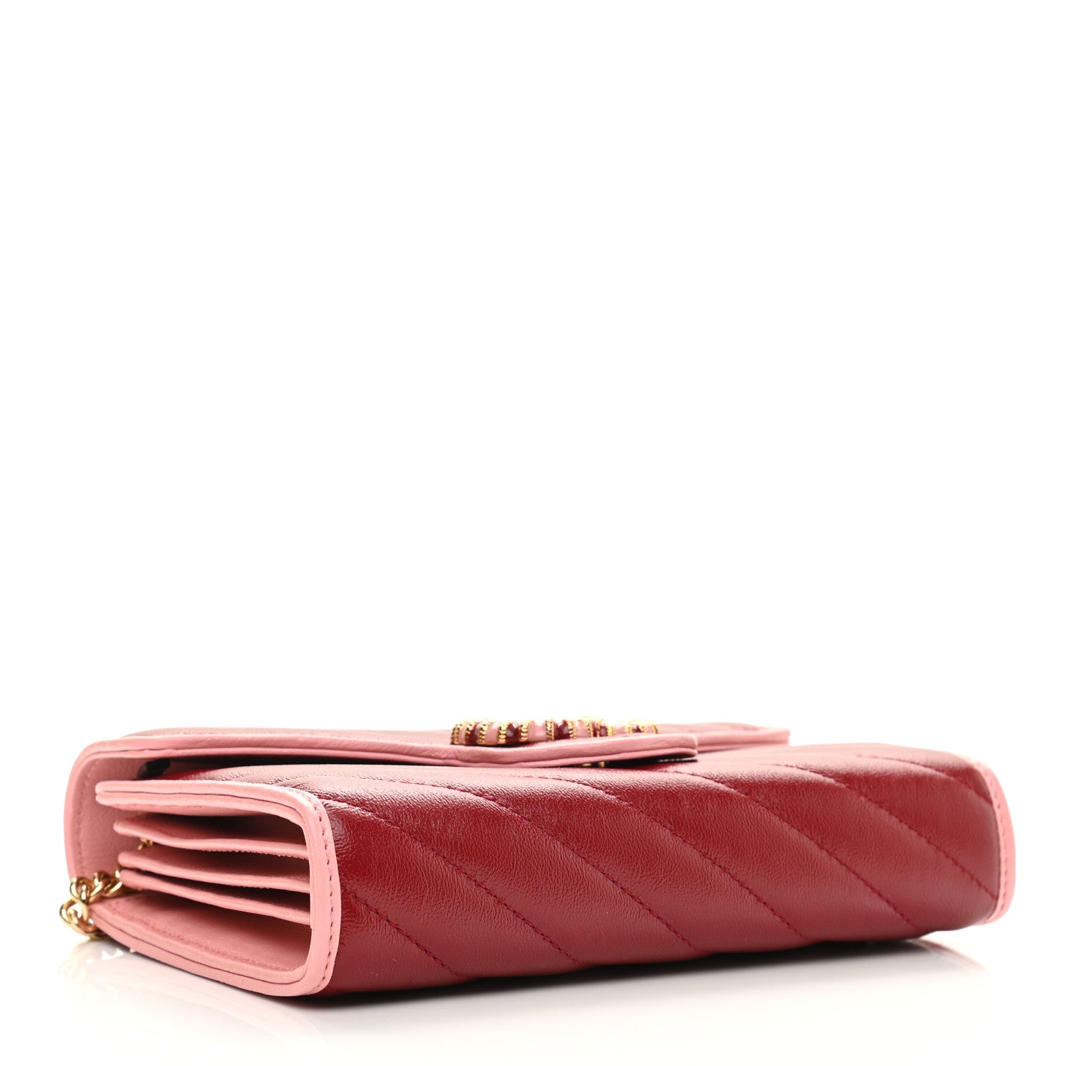 Gucci Azalea Calfskin Enamel Matelasse Diagonal Torchon GG Marmont Chain Wallet New Cherry Red Wild Rose 4 of 11