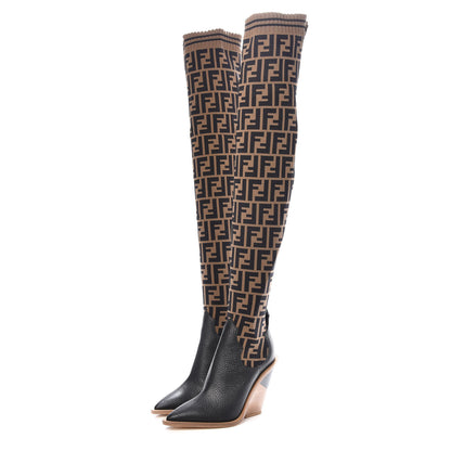 Fendi Stretch Fabric FF Cutwalk Thigh High Sock Boots 36 Tobacco Black 3 of 7