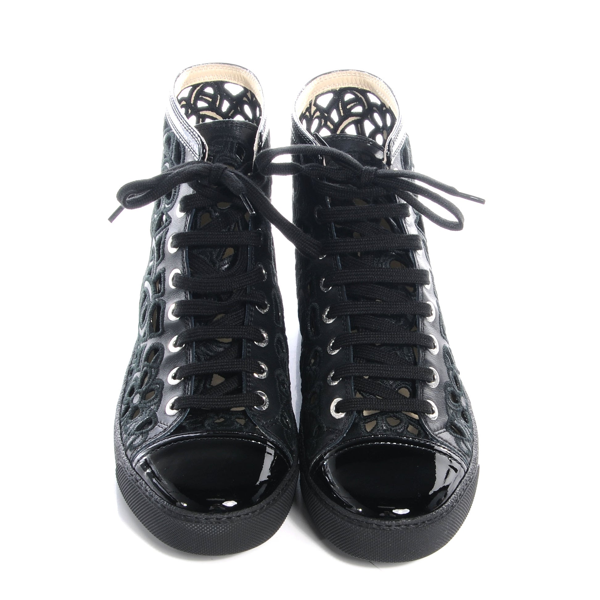 Chanel Patent Grained Goatskin Hollow Out Flower Sneakers 36.5 Black 2 of 9