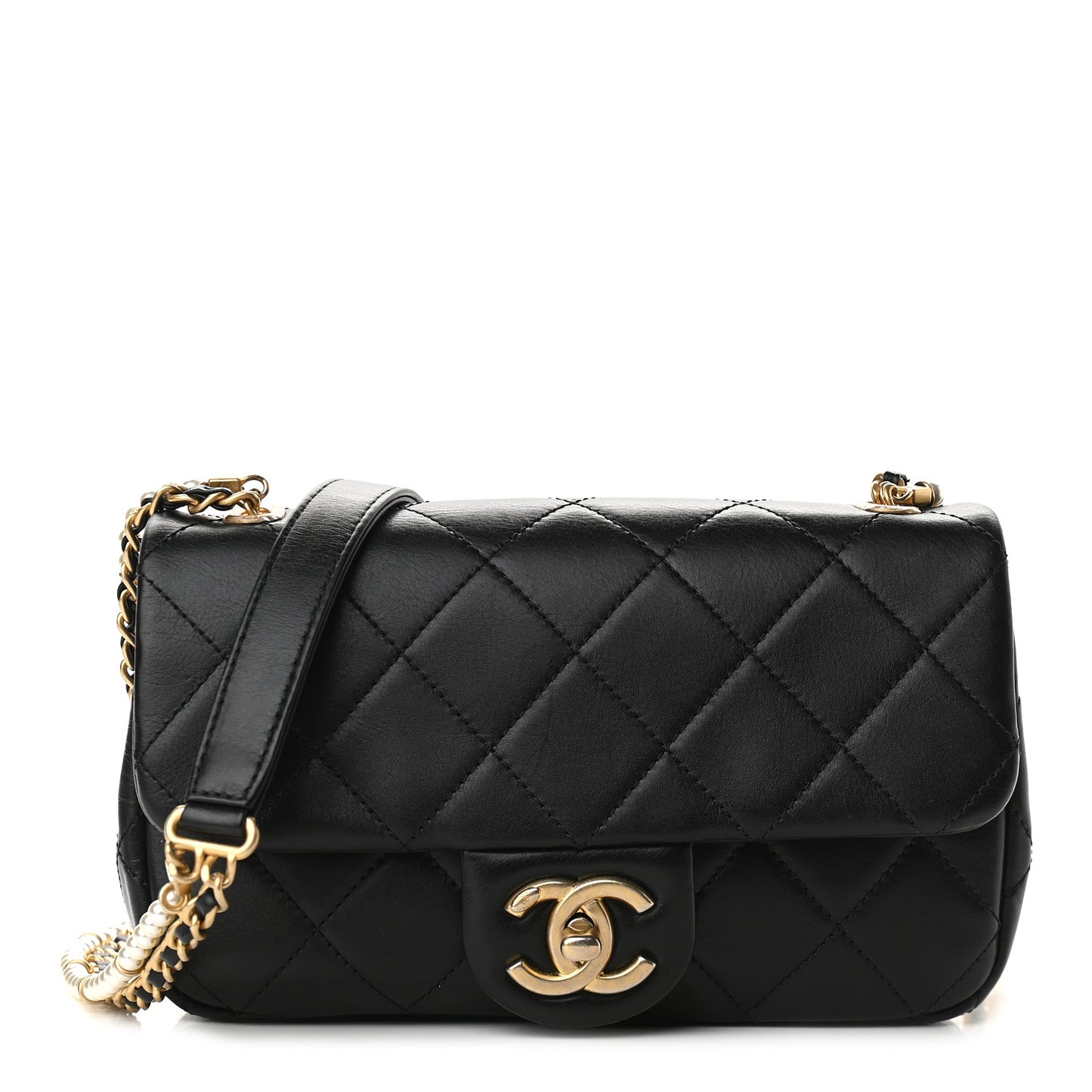 Calfskin Quilted Small Crystal Pearls Flap Bag Black