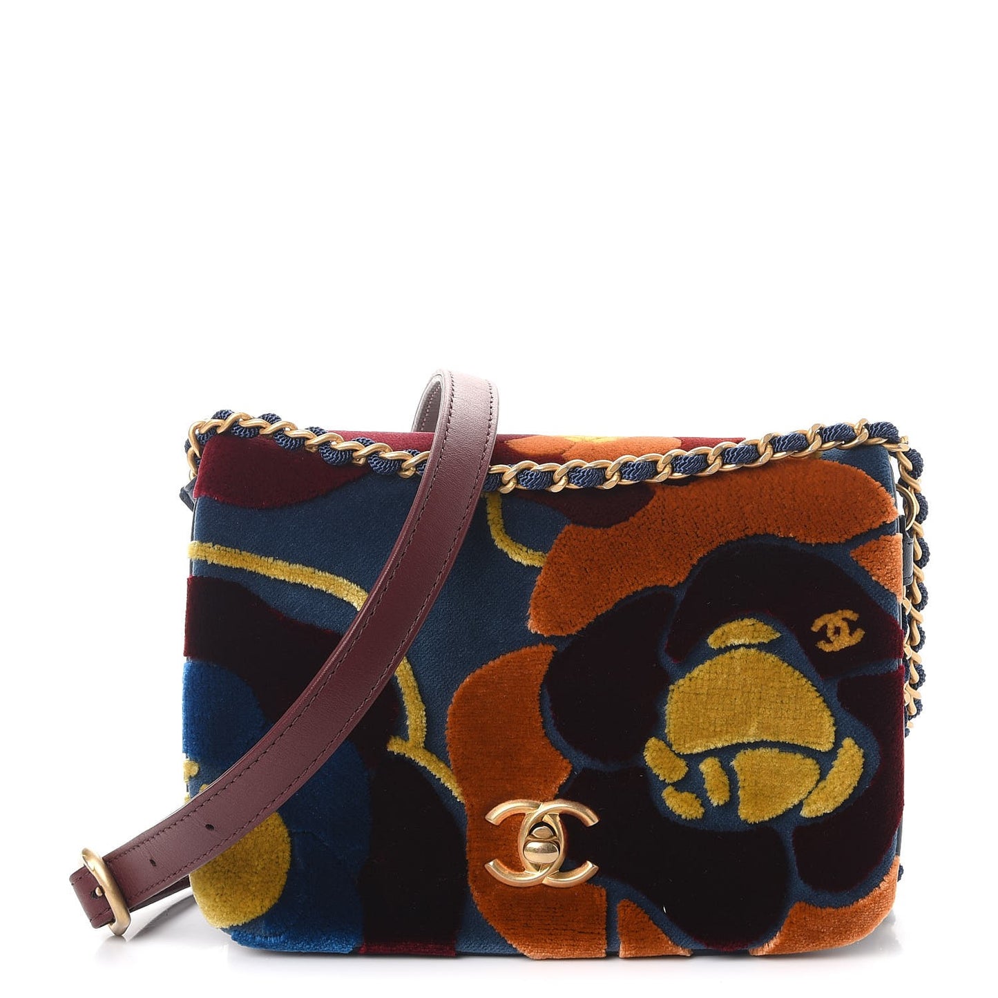 Velvet Lambskin Embroidered Camellia Mini Flap Navy Burgundy