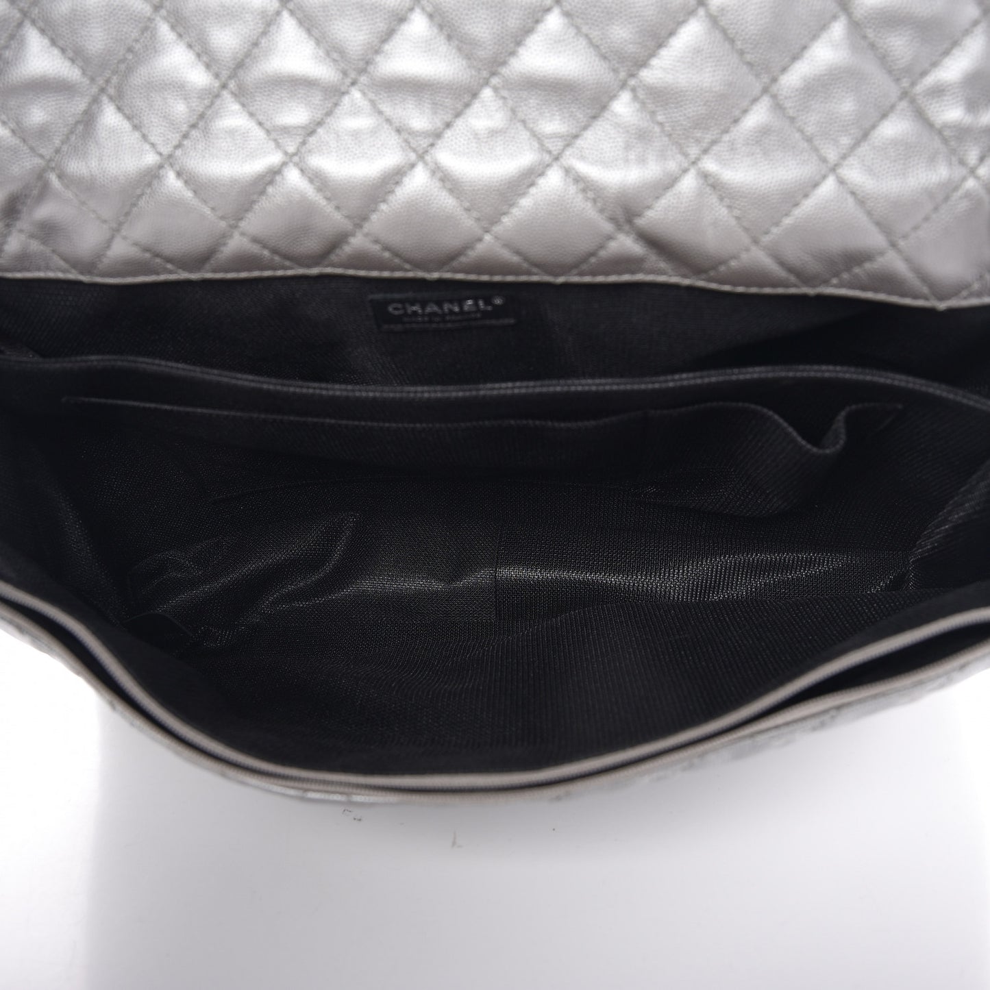 Metallic Calfskin Quilted XXL Travel Flap Bag Silver