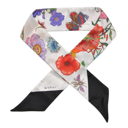 Gucci Silk Twill Floriso Neck Bow Scarf White Black 1 of 4