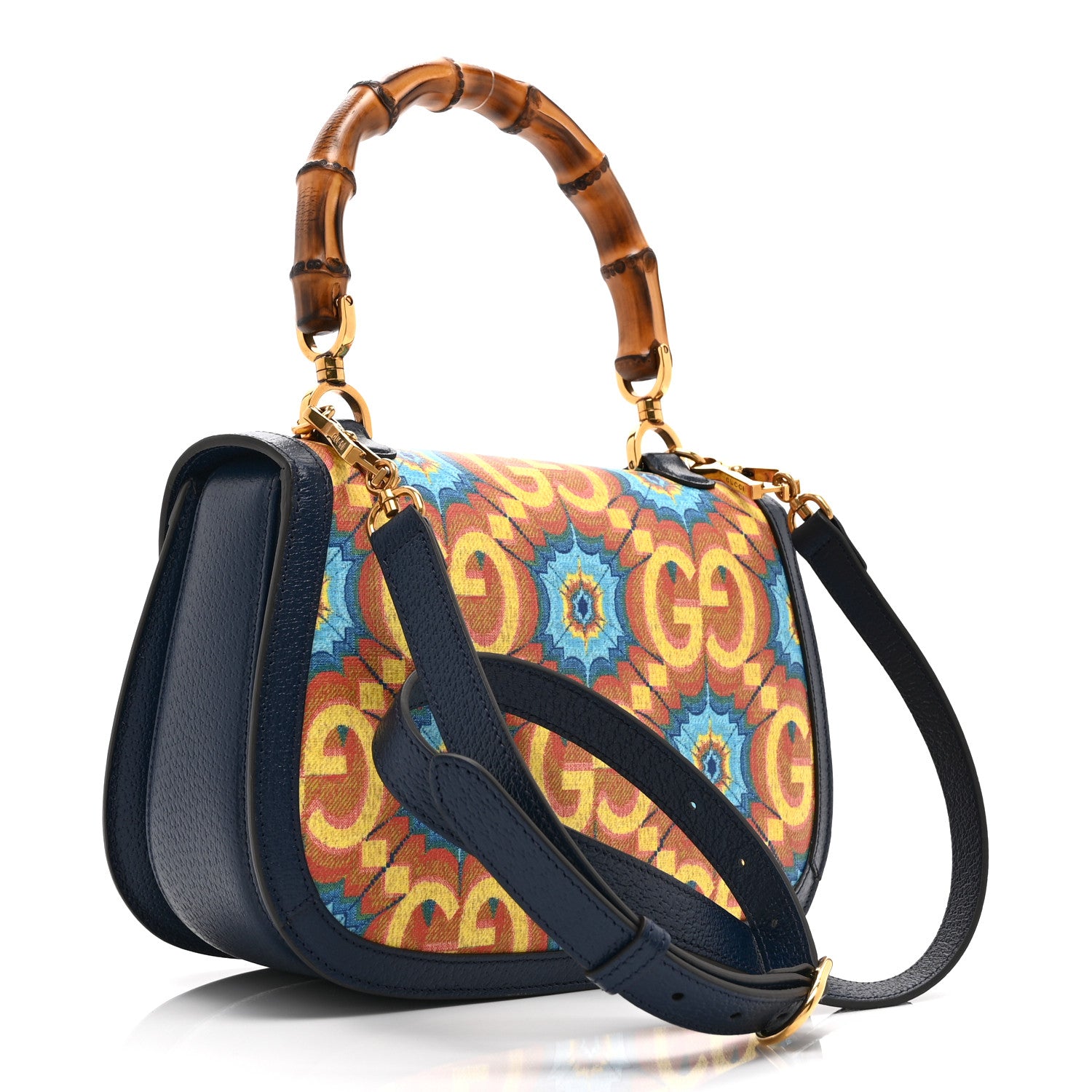 Gucci Calfskin Kaleidoscope Medium Bamboo 1947 Top Handle Bag Blue