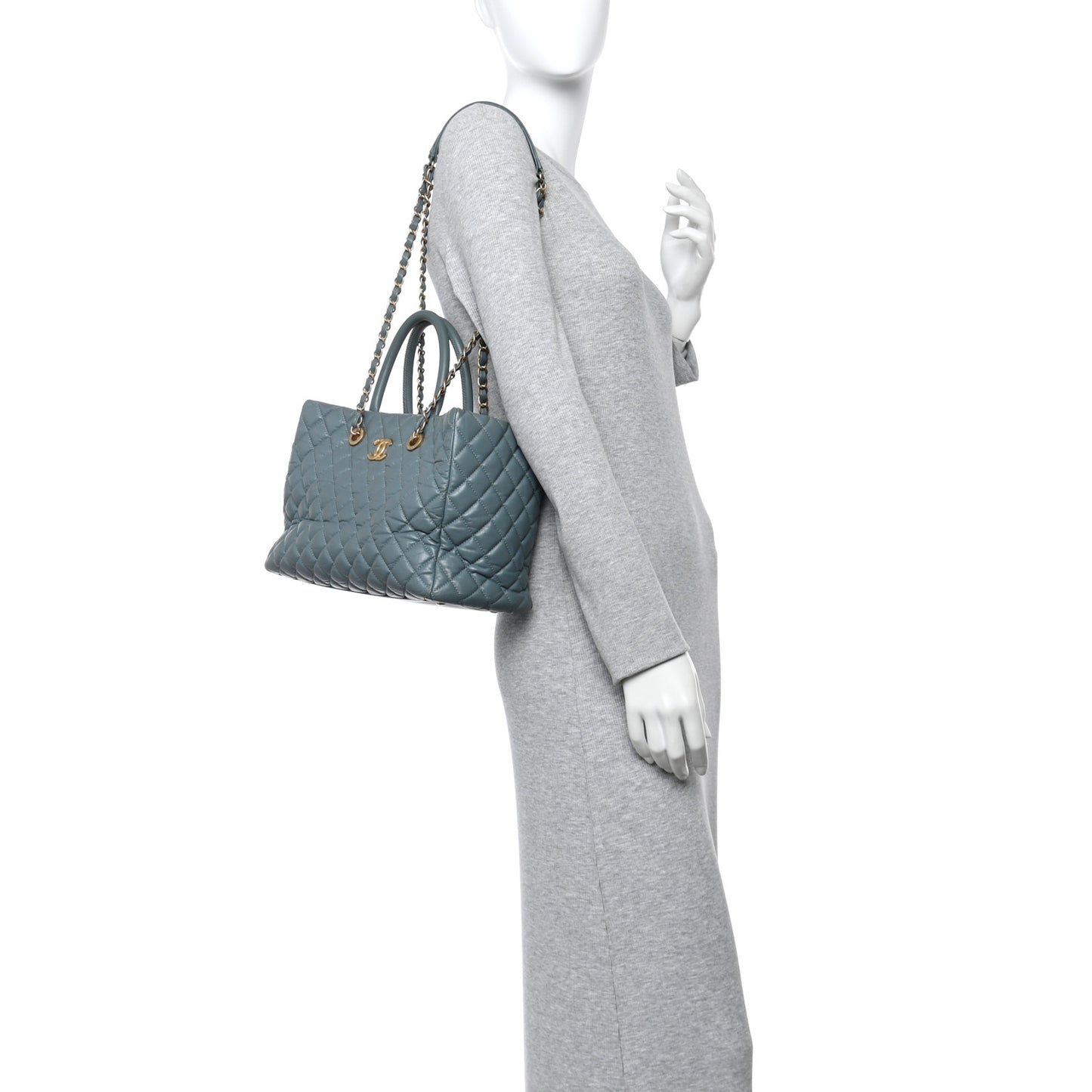 Aged Calfskin Quilted Large Coco Handle ShoppingTote Blue