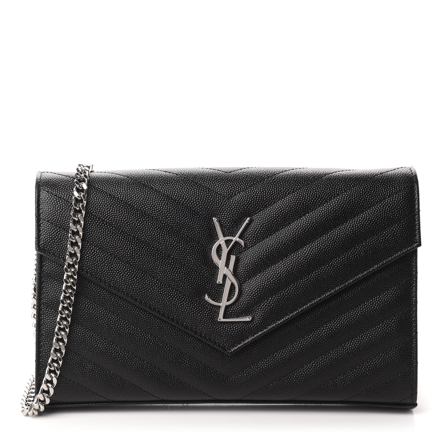 Saint Laurent Grain De Poudre Matelasse Chevron Monogram Chain Wallet Black 1 of 12
