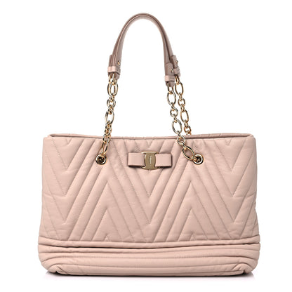 Salvatore Ferragamo Calfskin Chevron Quilted Vara Bow Chain Tote Light Pink 1 of 9