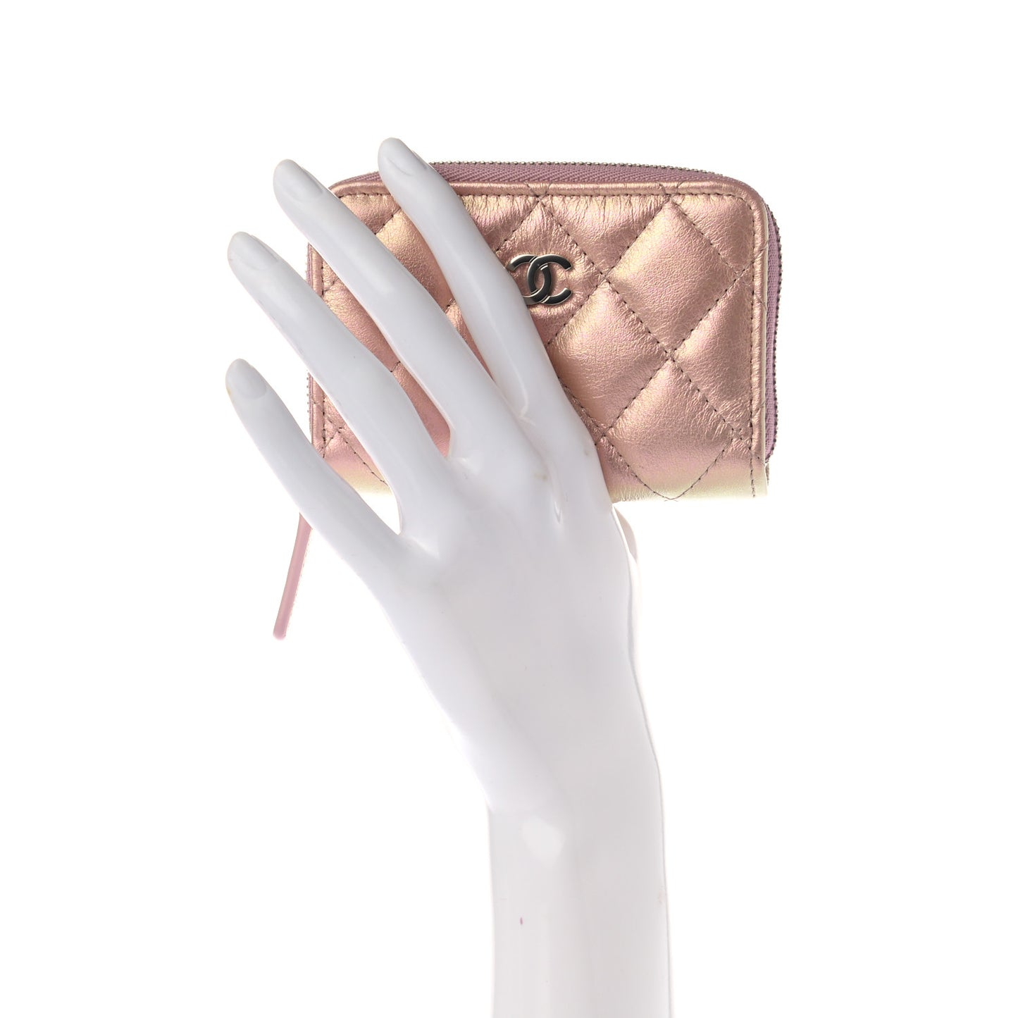Iridescent Lambskin Quilted Zip Around Coin Purse Wallet Pink