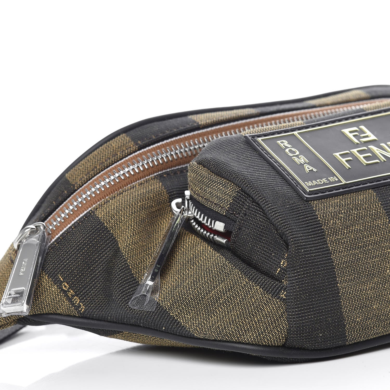 Fendi Jacquard Vitello Century Pequin Logo Plate Pocket Belt Bag Tobacco Moro Black 7 of 10