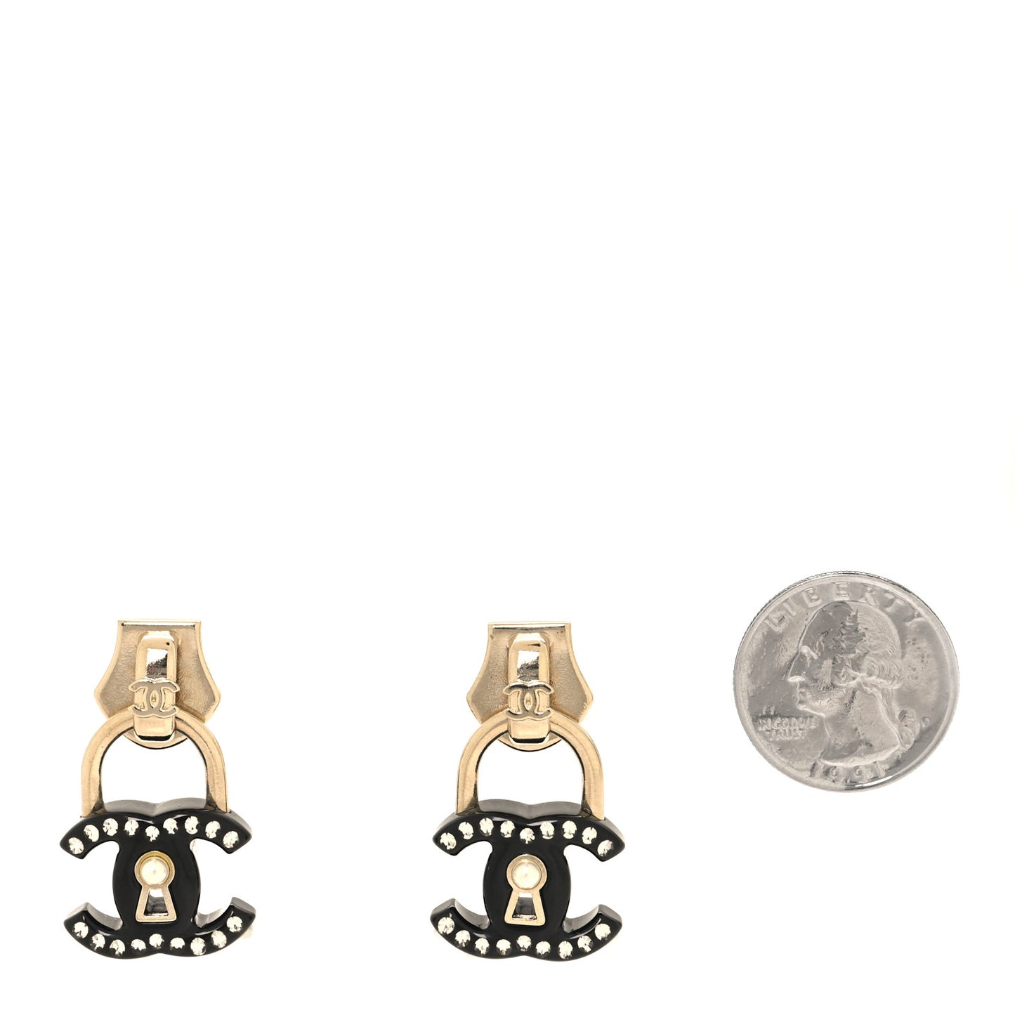 Metal Resin Crystal Pearl CC Lock Drop Earrings Gold Black