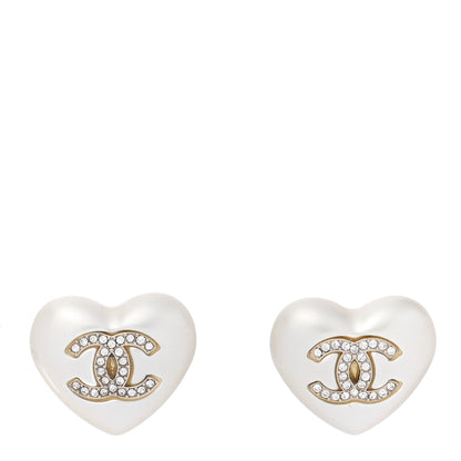 Chanel Pearl Crystal CC Heart Earrings Gold 1 of 5