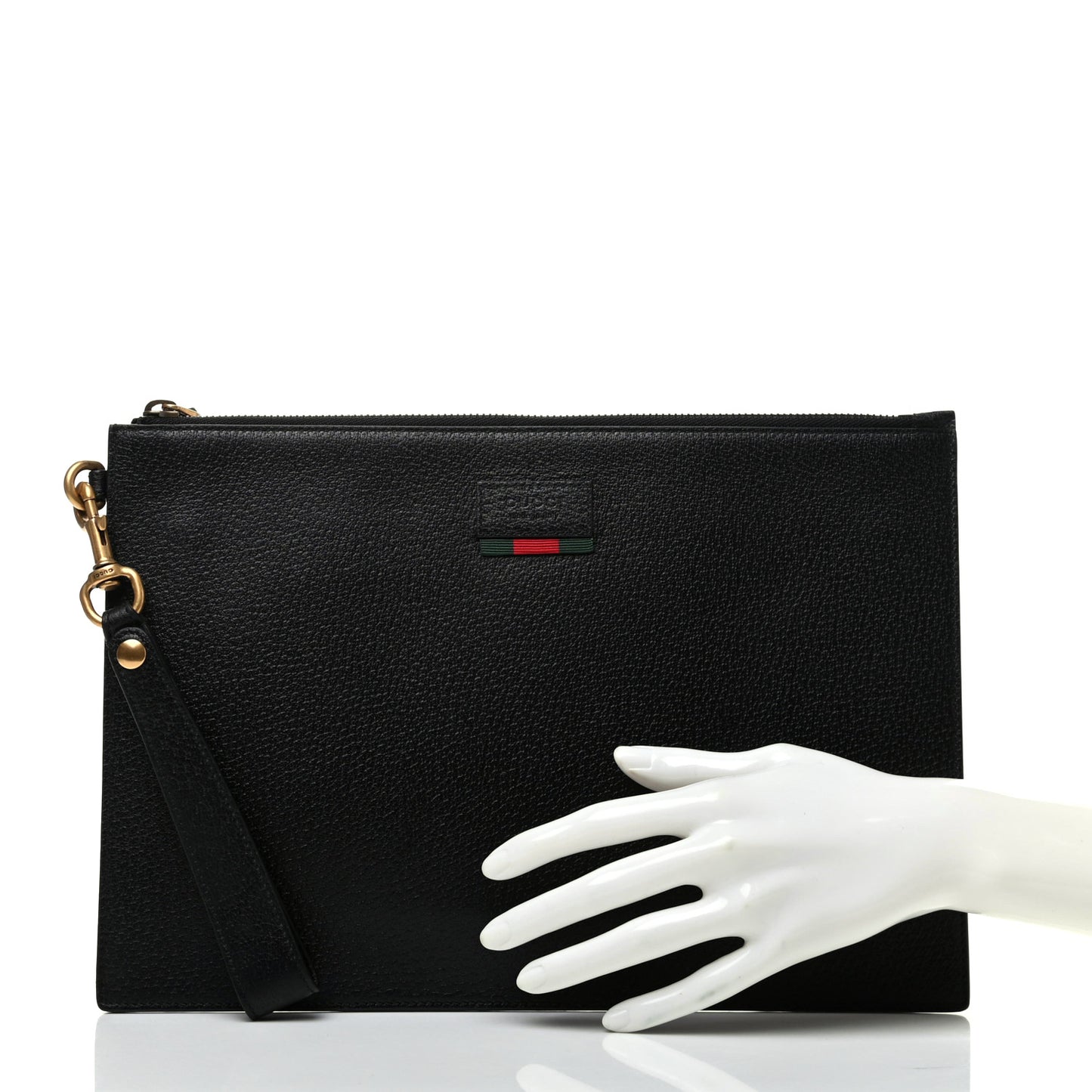 Dollar Calfskin Boar Effect Web Zip Wristlet Pouch Black