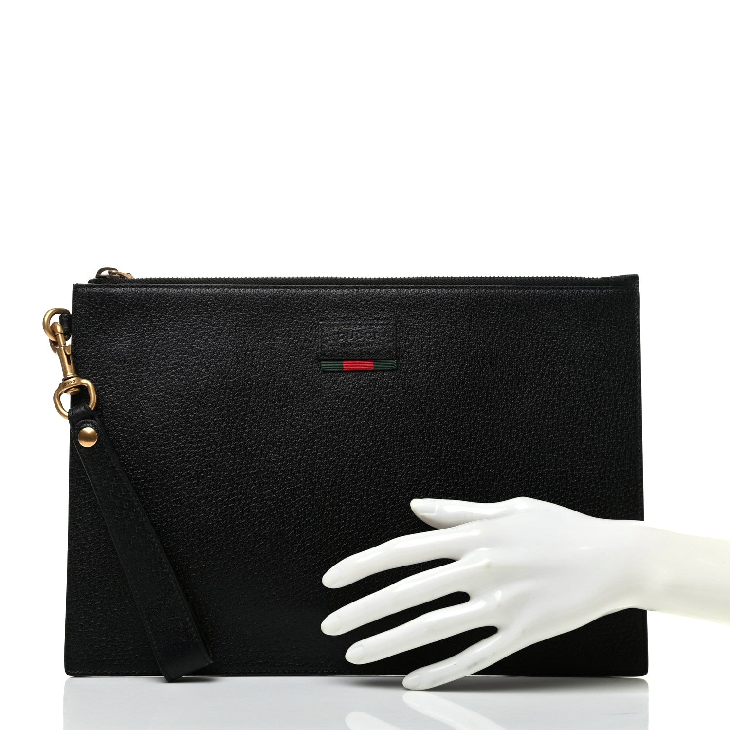Gucci Dollar Calfskin Boar Effect Web Zip Wristlet Pouch Black 2 of 6