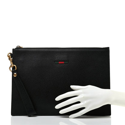 Gucci Dollar Calfskin Boar Effect Web Zip Wristlet Pouch Black 2 of 6