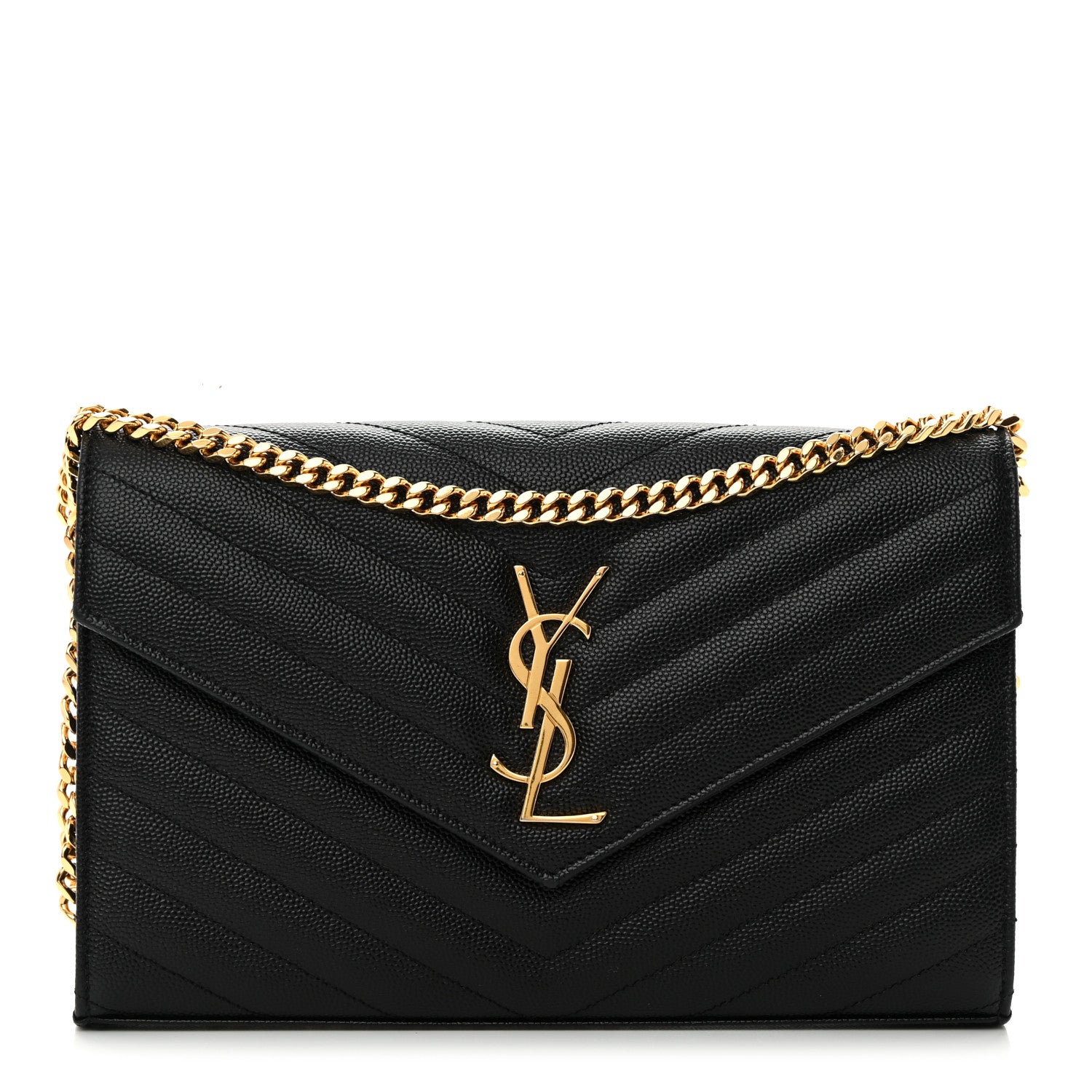 Saint Laurent Grain De Poudre Matelasse Chevron Monogram Chain Wallet Black 1 of 15