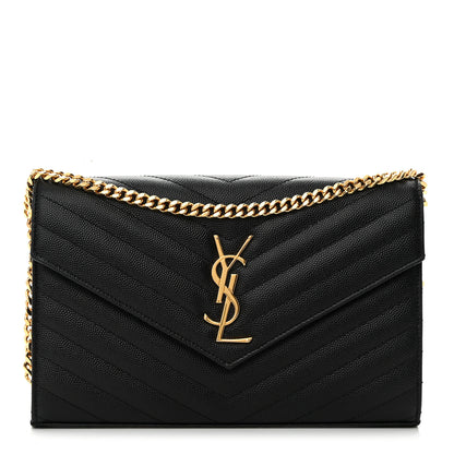 Saint Laurent Grain De Poudre Matelasse Chevron Monogram Chain Wallet Black 1 of 15