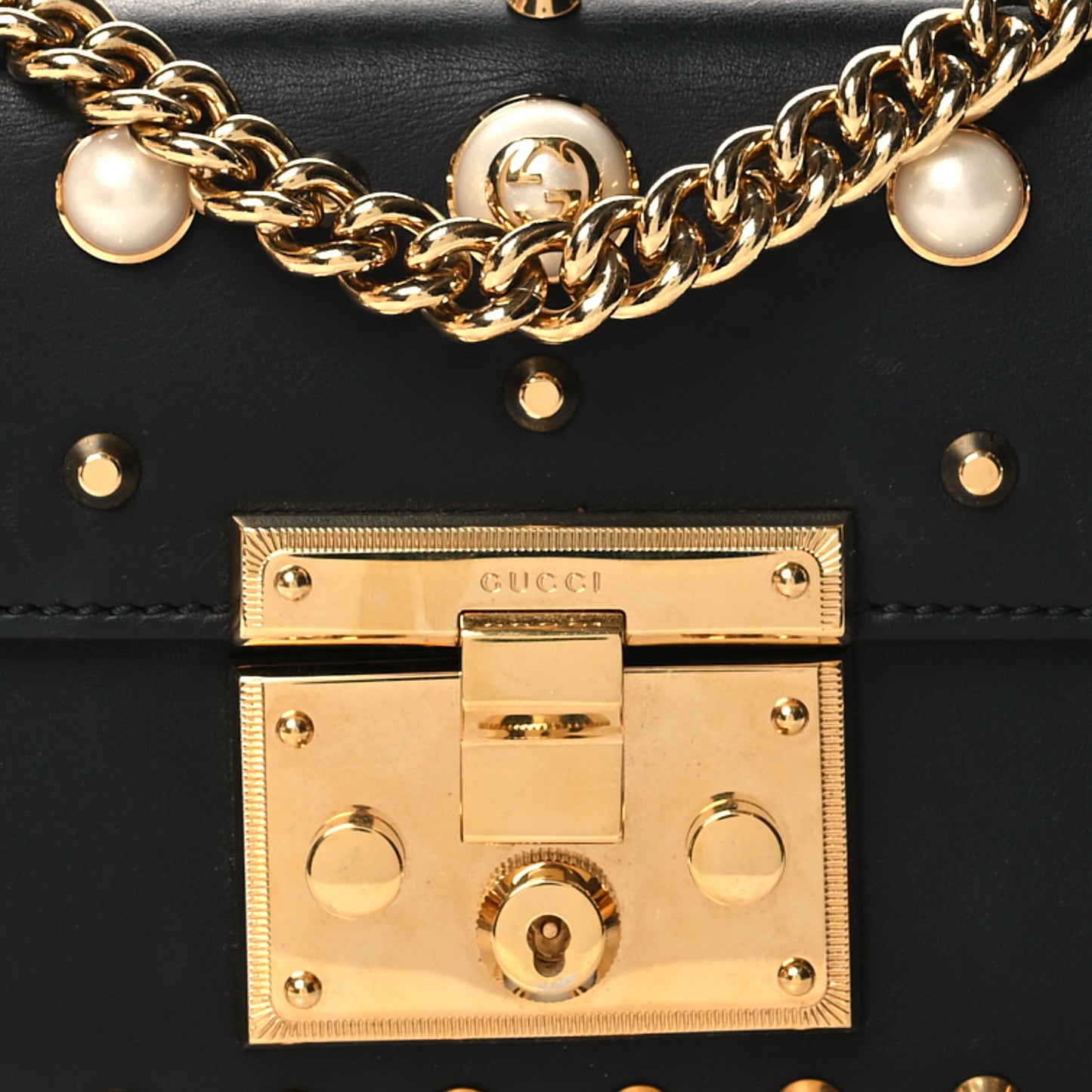 Calfskin Studded Small Padlock Shoulder Bag Black