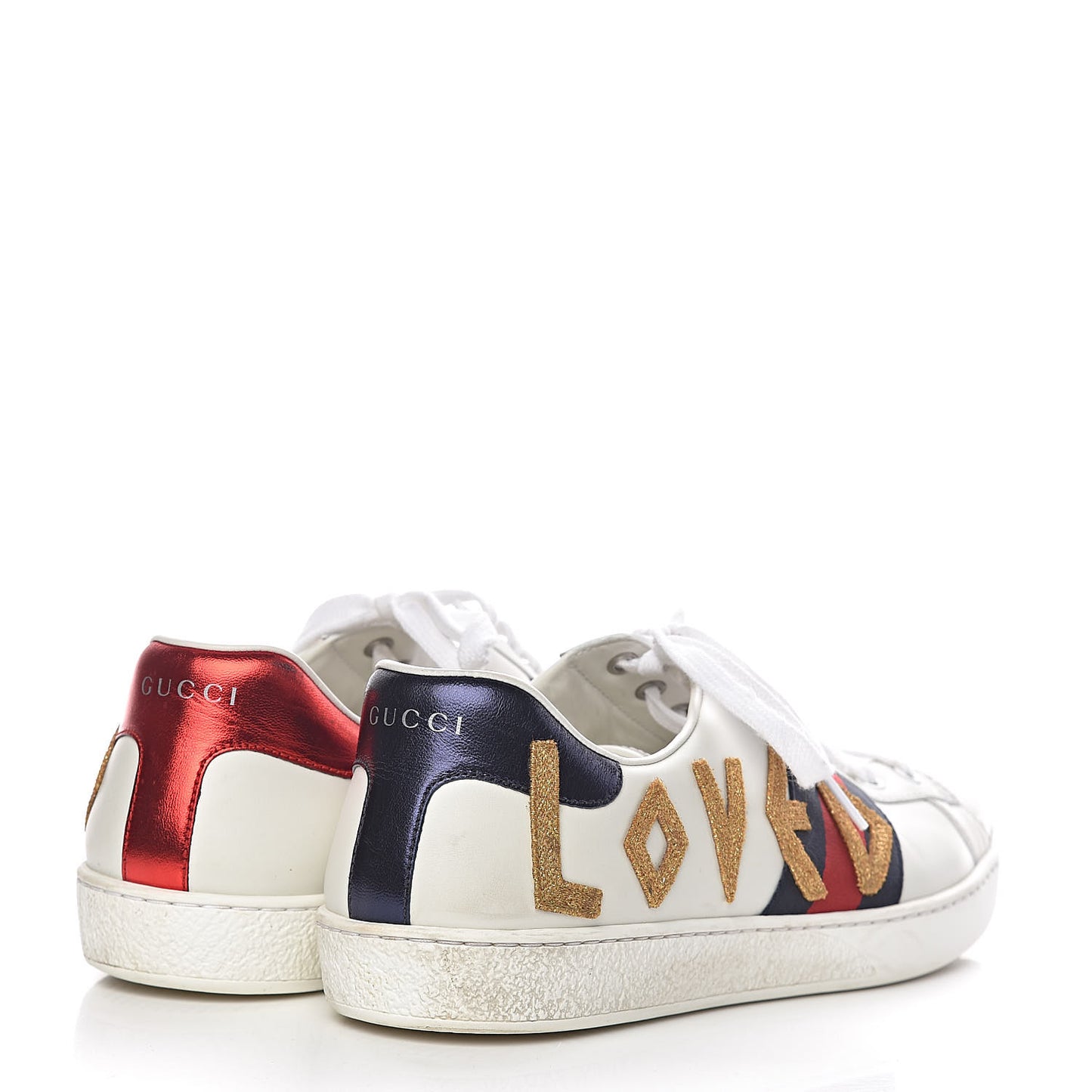 Calfskin Nappa Web LOVED Embroidered Mens Ace Sneakers 9 White Red Flame Notte