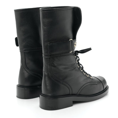 Chanel Lambskin Calfskin Lace Up Combat Boots 37.5 Black 4 of 7