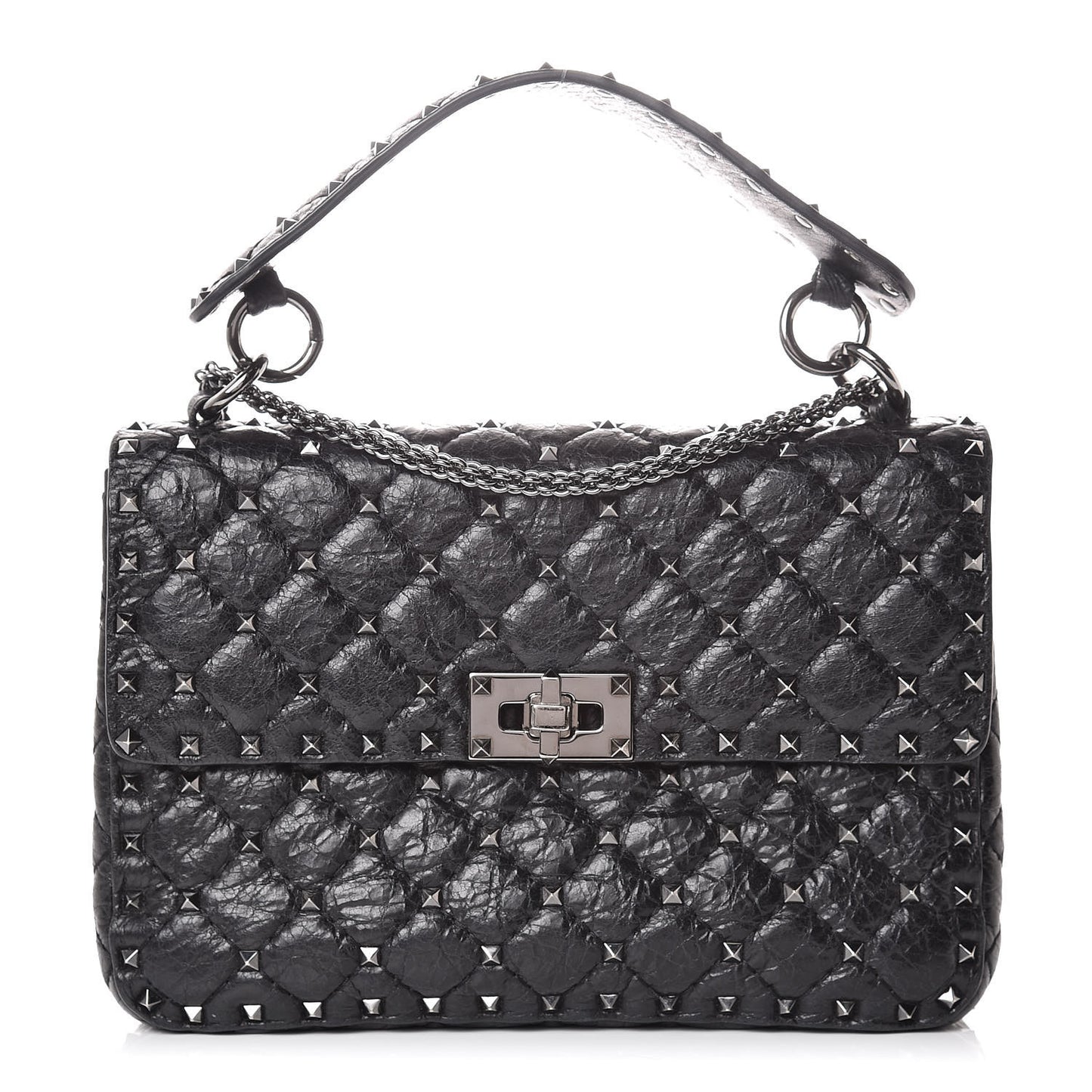 Craquele Nappa Medium Rockstud Spike Shoulder Bag Black