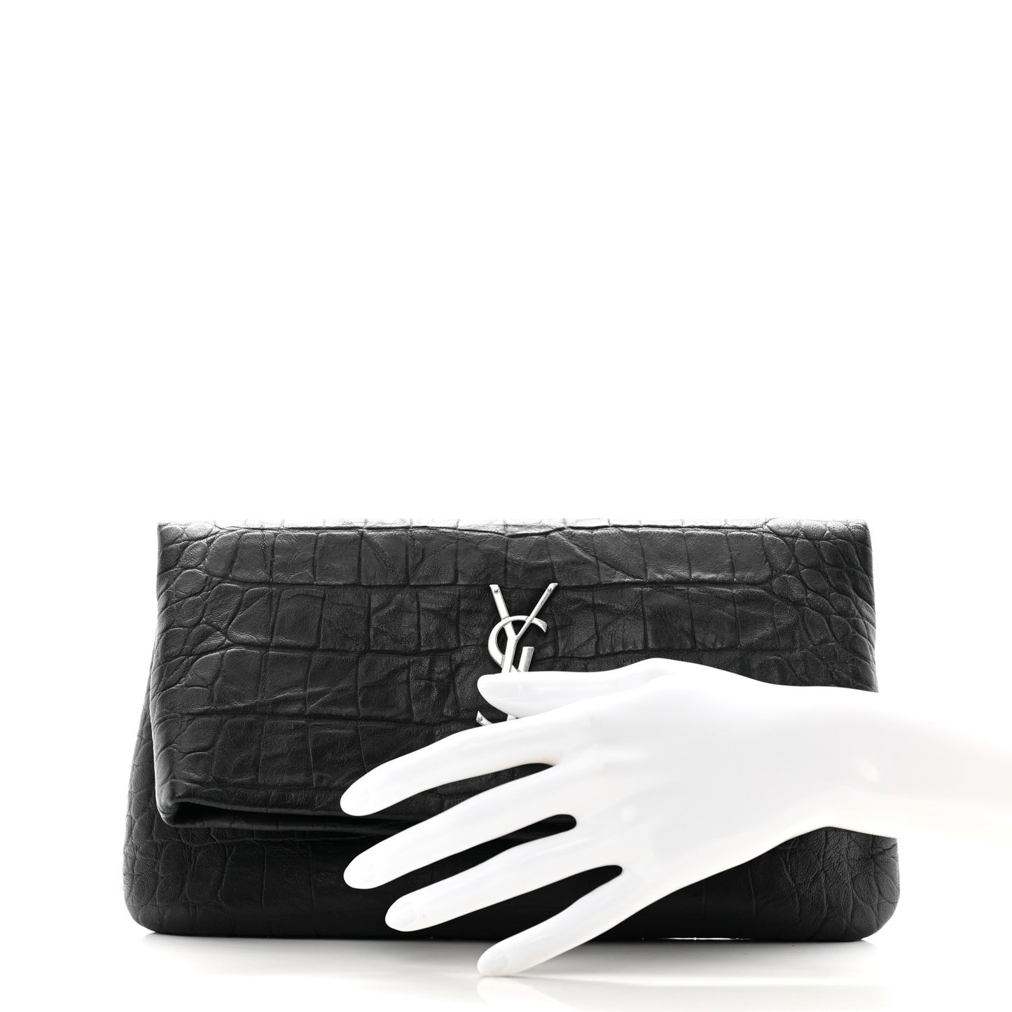 Calfskin Crocodile Embossed West Hollywood Monogram Fold Over Clutch Black