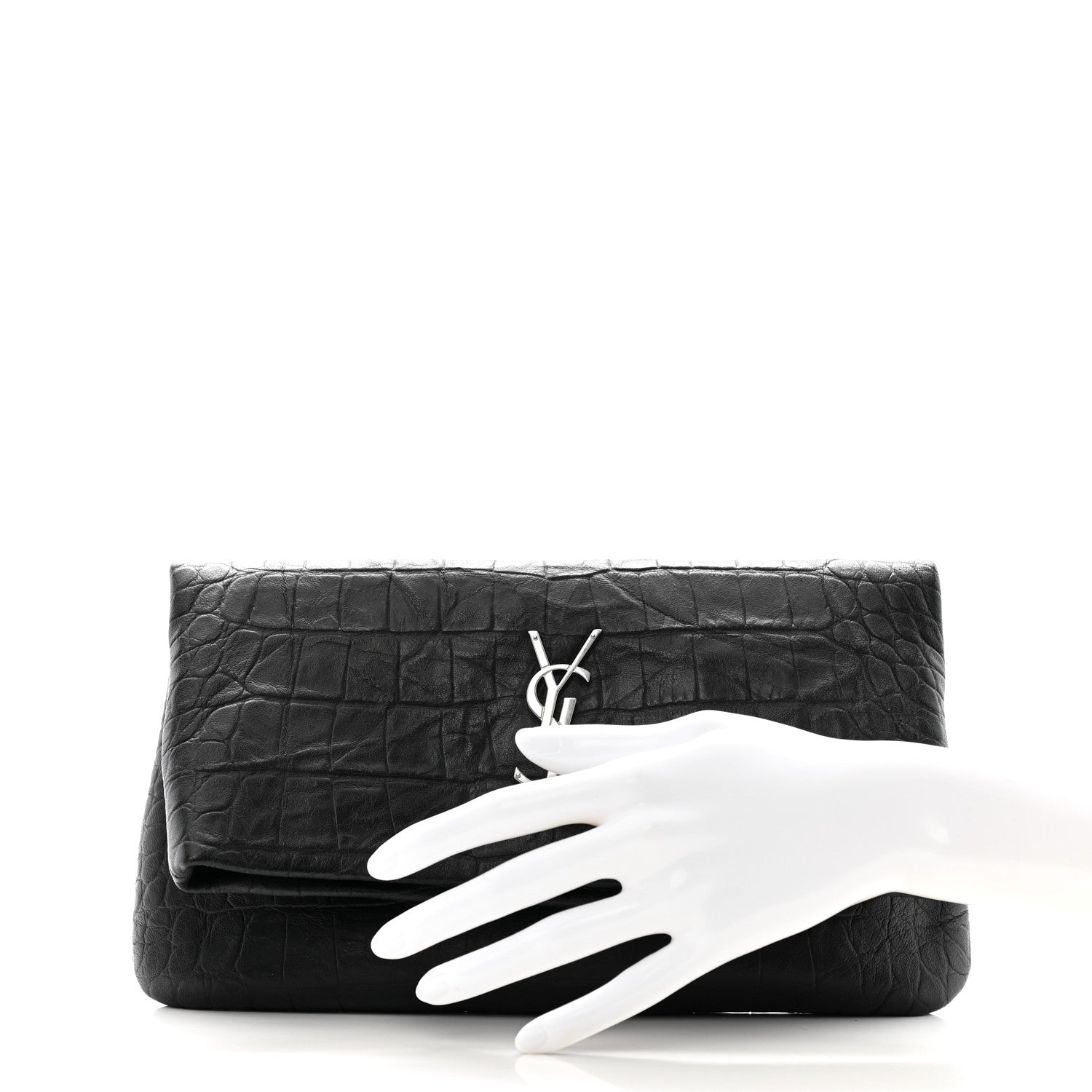 Saint Laurent Calfskin Crocodile Embossed West Hollywood Monogram Fold Over Clutch Black 2 of 6