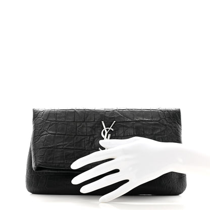 Saint Laurent Calfskin Crocodile Embossed West Hollywood Monogram Fold Over Clutch Black 2 of 6