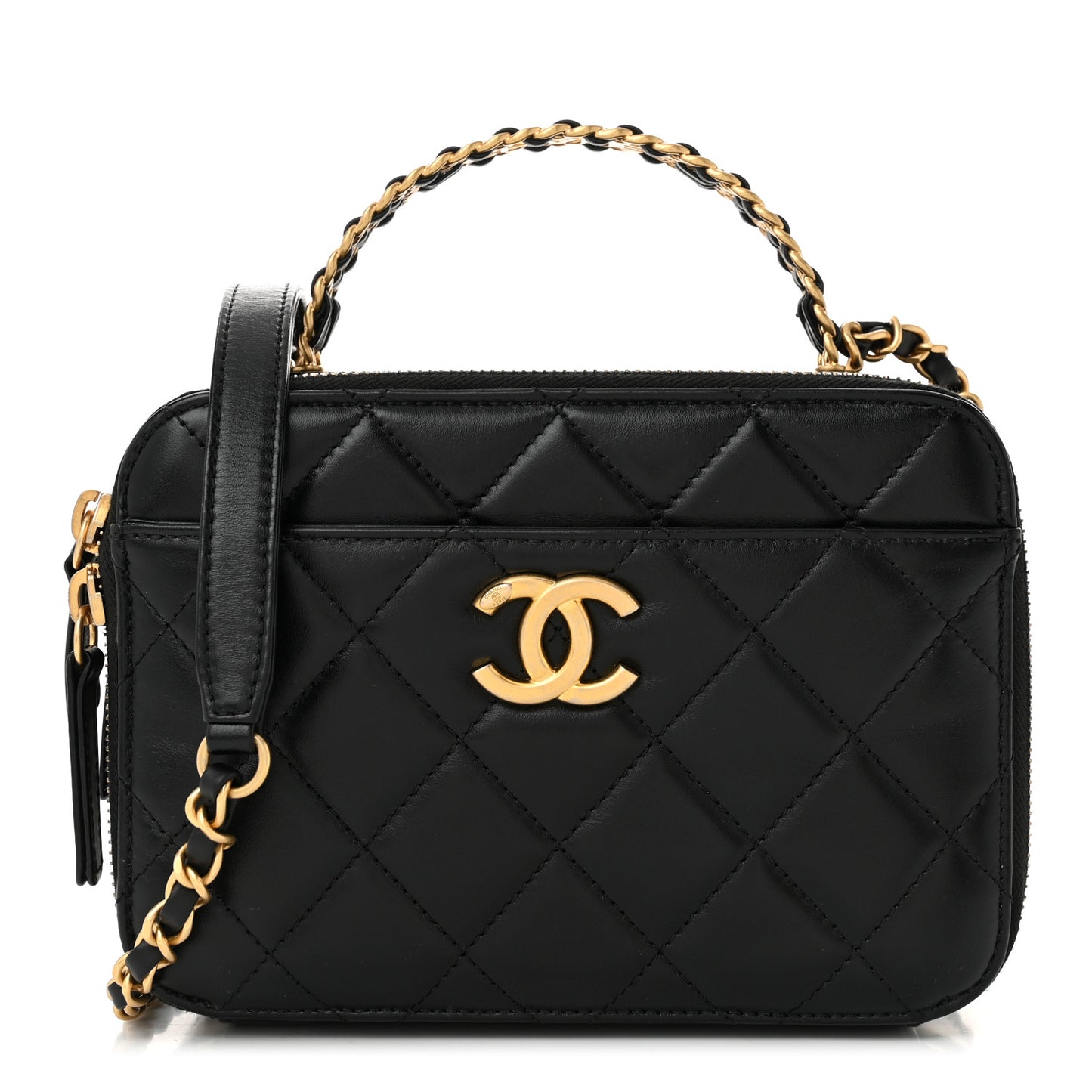 Shiny Calfskin Quilted Top Handle Vanity Black