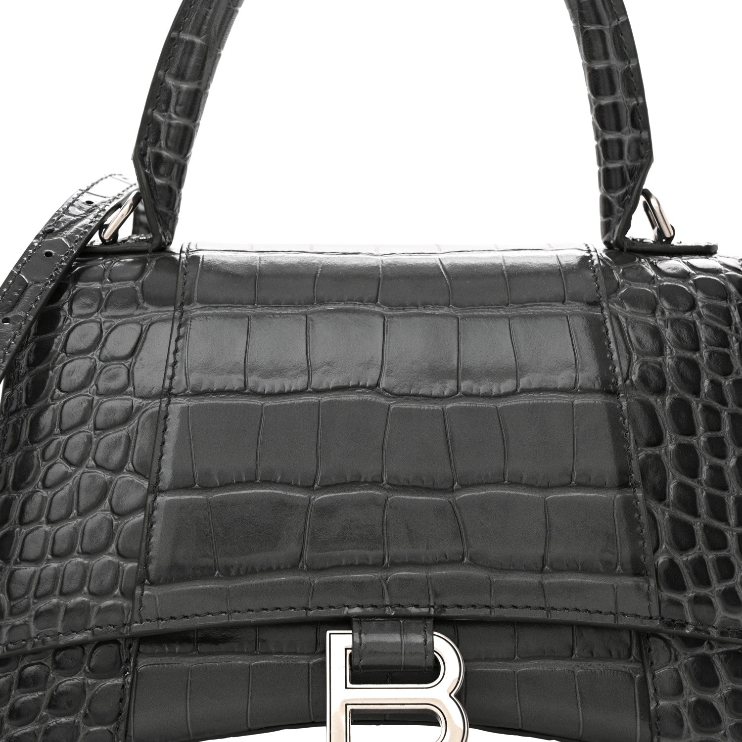 Balenciaga Shiny Calfskin Crocodile Embossed Small Hourglass Top Handle Bag Dark Grey 10 of 13