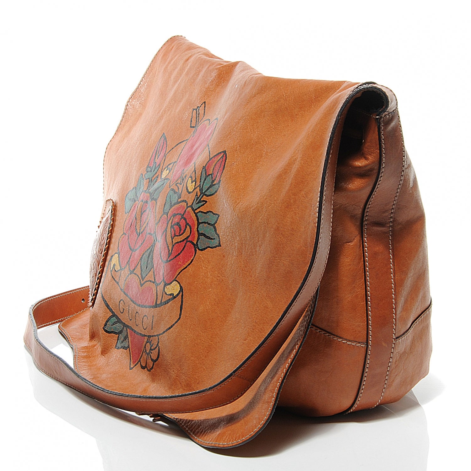 Gucci Calfskin Tattoo Heart Tribeca Messenger Bag Tan 7 of 9