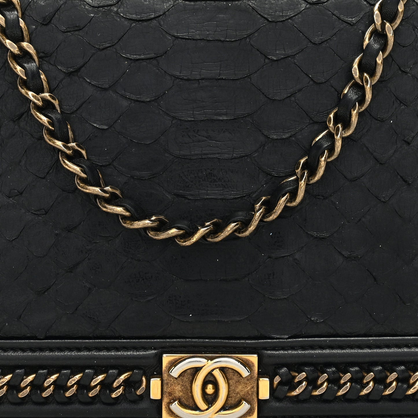 Snakeskin Calfskin Chain Around Boy Wallet On Chain WOC Black