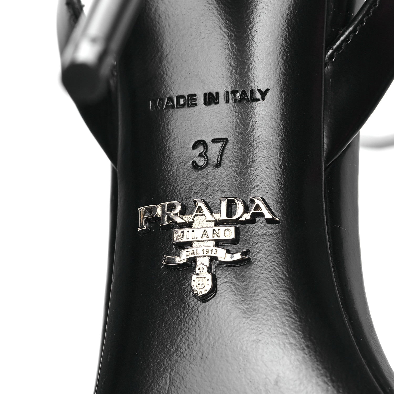 Prada Spazzolato Metal Triangle Logo Ankle Strap 100mm Sandals 37 Black 6 of 8