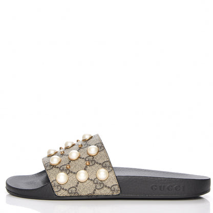 Gucci GG Supreme Monogram Pearls Slide Sandals 38 Beige 1 of 8