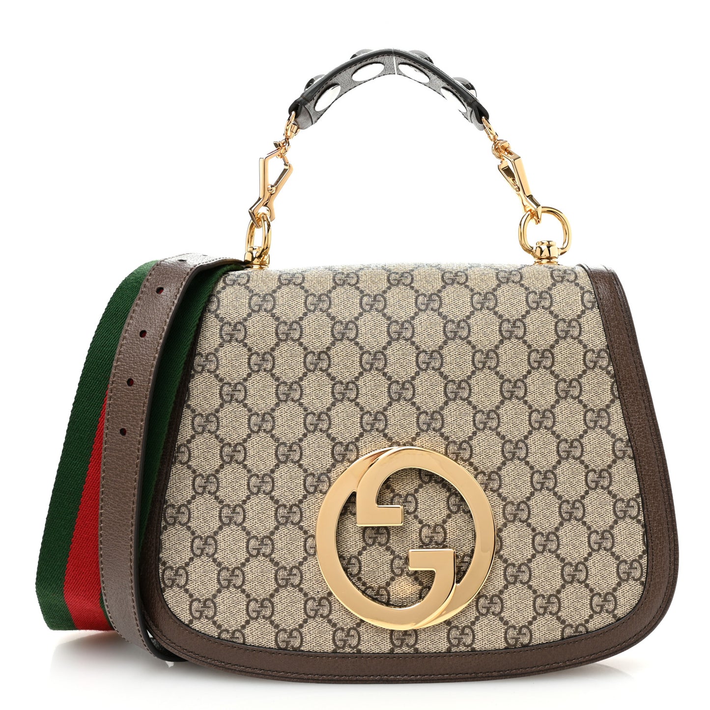 GG Supreme Monogram Textured Dollar Calfskin Web Medium Blondie Top Handle Shoulder Flap Bag Beige Ebony New Acero