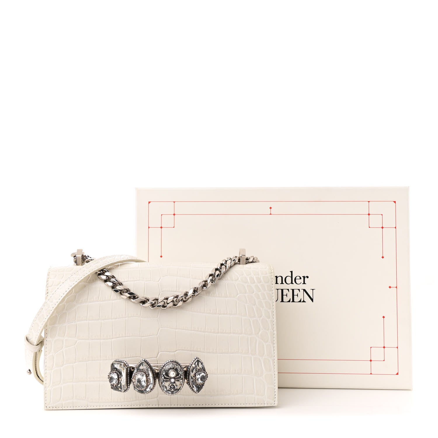 Alexander McQueen Shiny Calfskin Crocodile Embossed Knuckle Jeweled Crossbody White 11 of 11