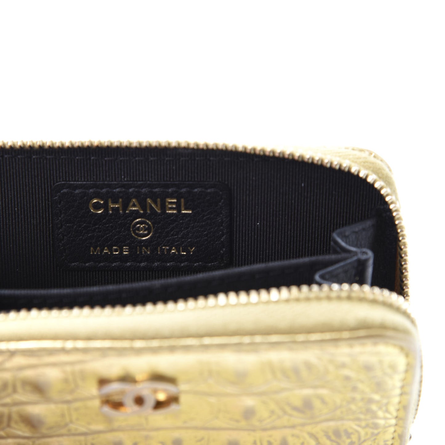 Metallic Calfskin Crocodile Embossed Cocodile Zip Coin Case Gold